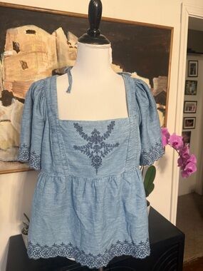 Old Navy Light Blue Embroidered Peasant Crop Top